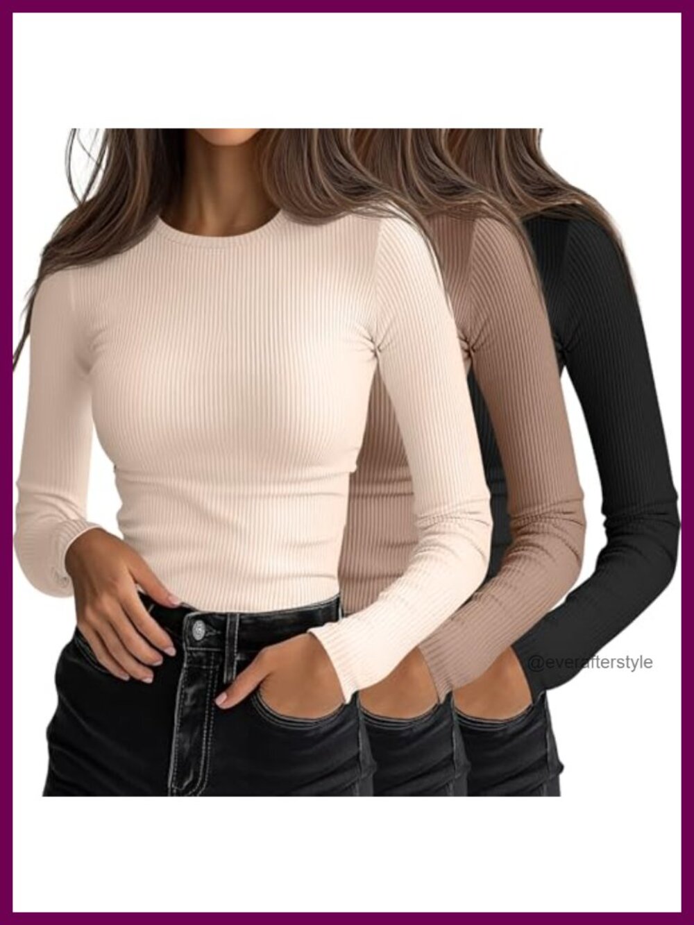 Ribbed Long Sleeve Fitted Top 3 Pack Rayon Spandex